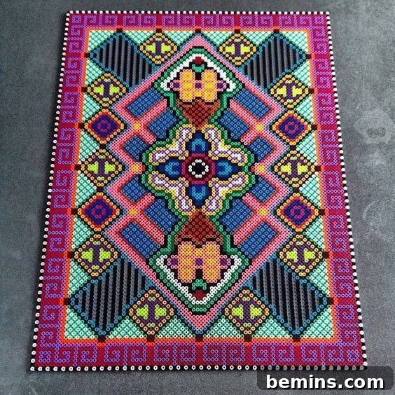 A close-up view of a textile-like creation made with Perler beads, resembling a rug.