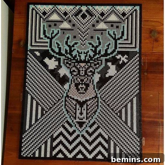 A modern and whimsical deer head crafted from Perler beads, offering a unique twist on traditional decor.
