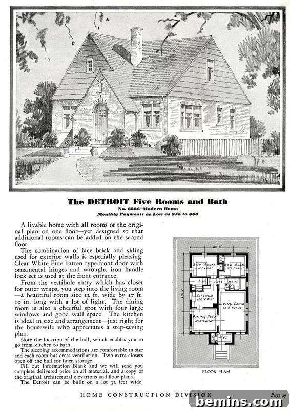 Tiny Houses: Sustainable Living for Everyone 5 A floor plan and image of the 'Detroit' model from the 1933 Sears Catalog, showcasing the practicality of smaller homes during the Depression era.