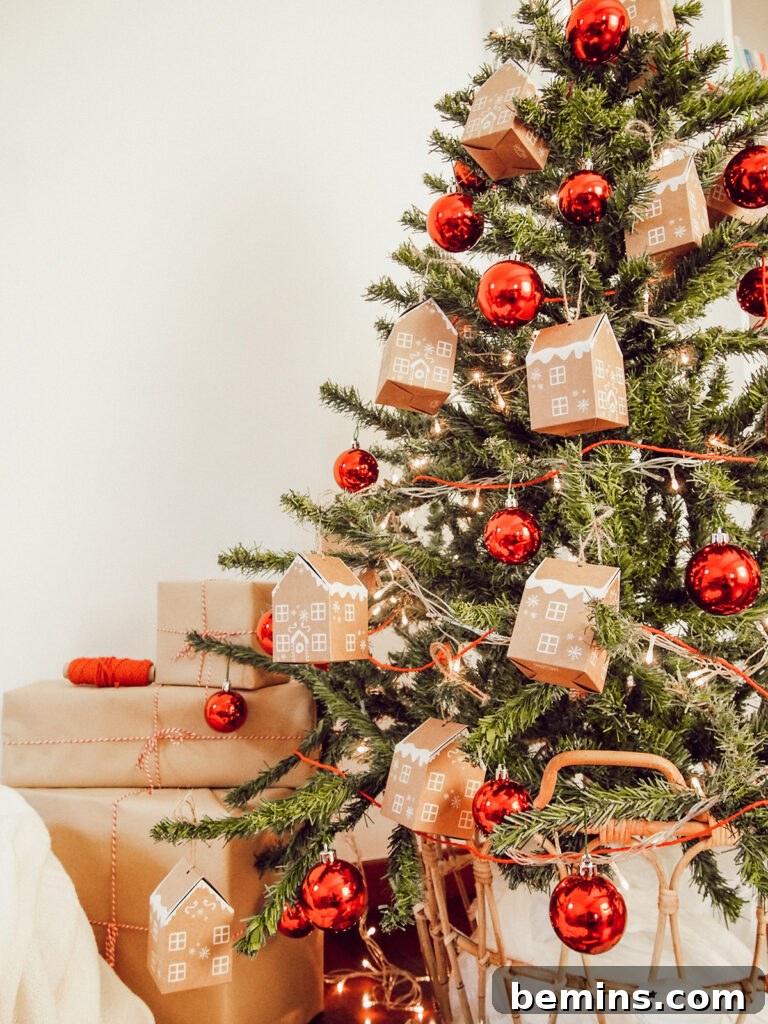 Monochromatic Christmas tree with an open wicker basket and a white blanket.