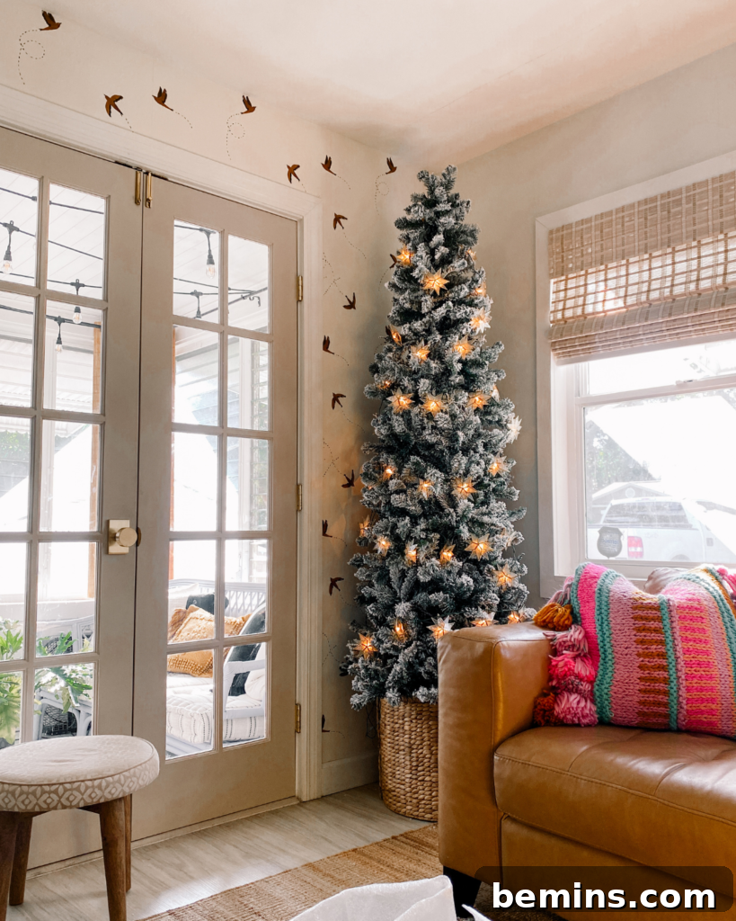 Madison from Blushing Bungalow styled a slim tree in a taller basket using bricks and styrofoam.
