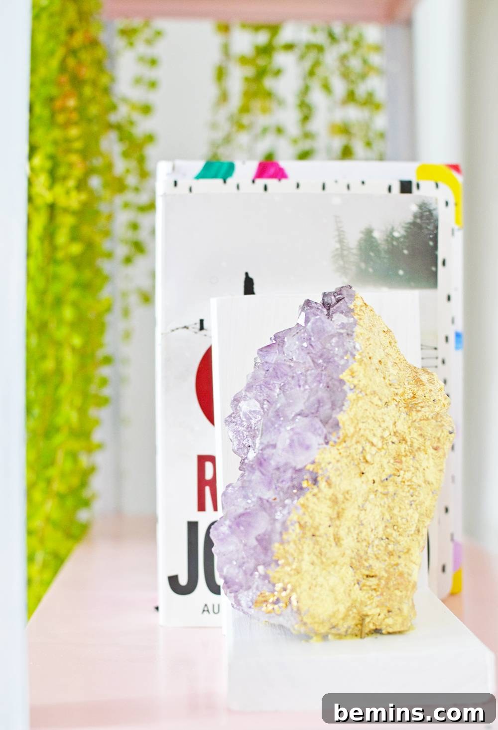Close-up of gold-leafed amethyst crystal in bookend