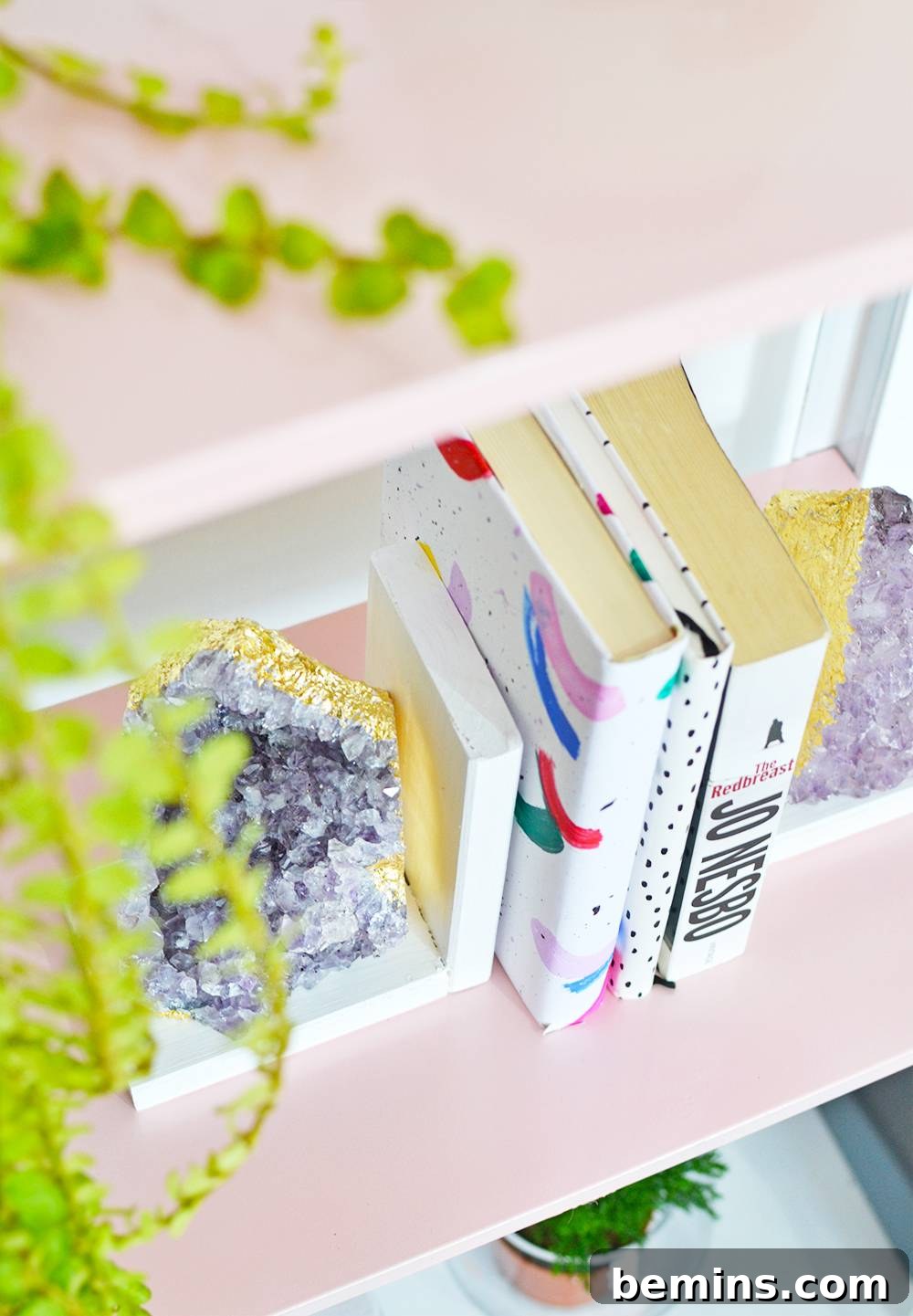 DIY Amethyst Bookends on a styled bookshelf