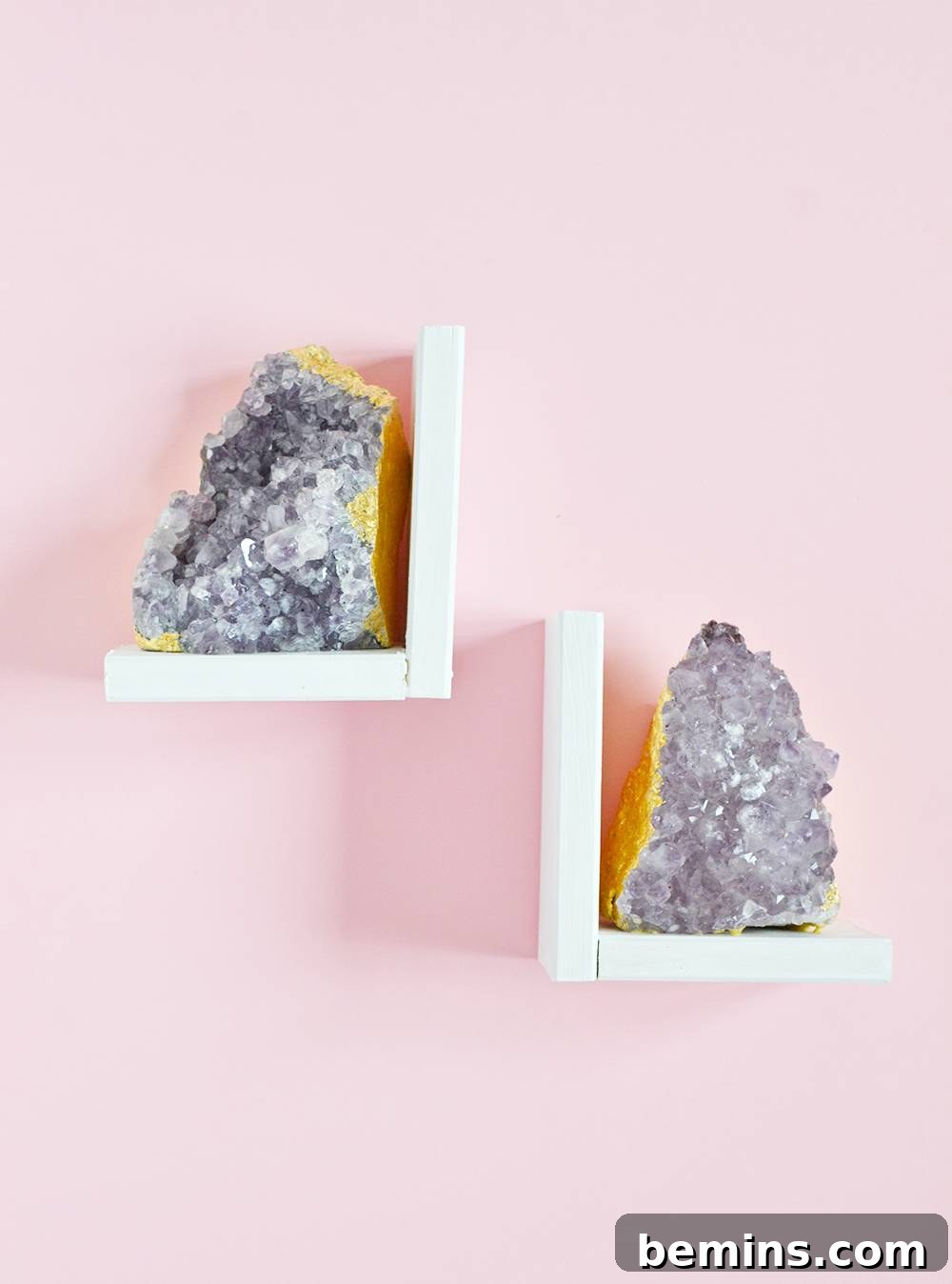 View of multiple DIY Amethyst Bookends with books