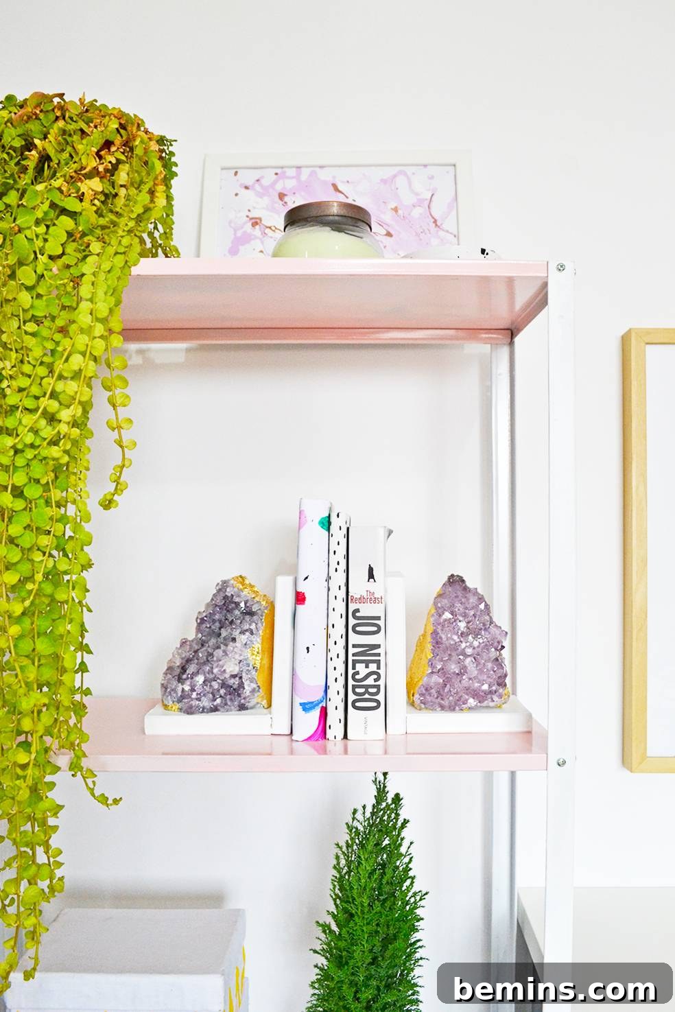 Showcasing the DIY Amethyst Bookends in a home setting