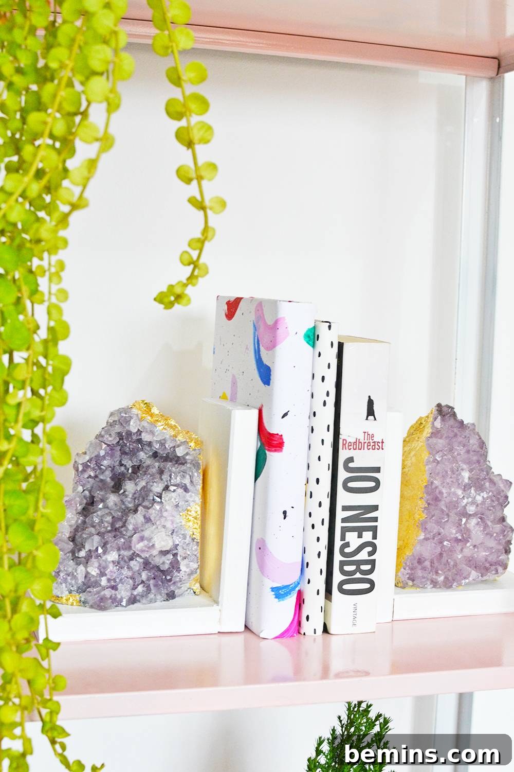 Vertical shot of DIY Amethyst Bookends with gold detail