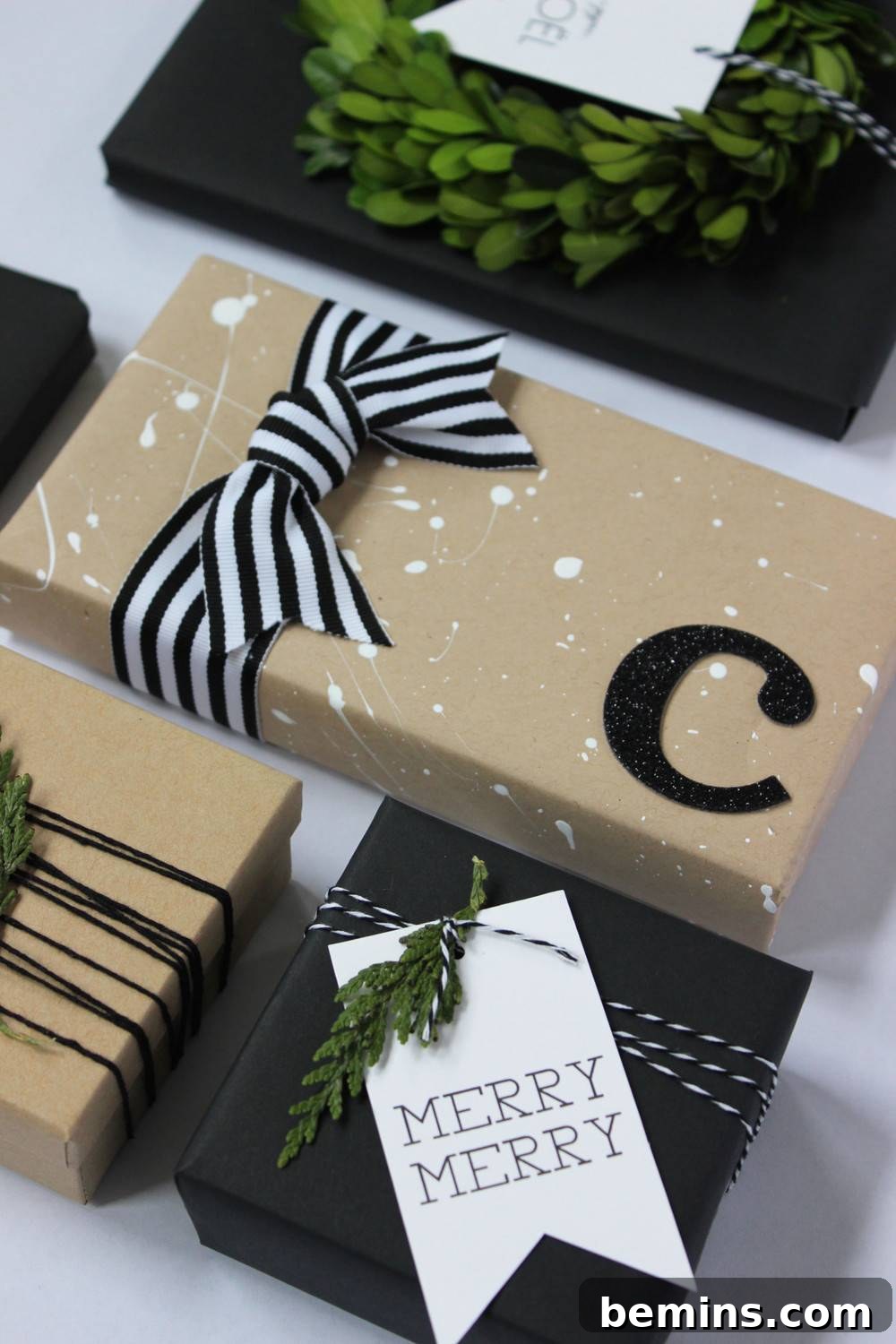 10 Distinctive Kraft Paper Gift Wrap Techniques 11 Brown kraft paper gift with colorful splatter paint and a personalized monogram
