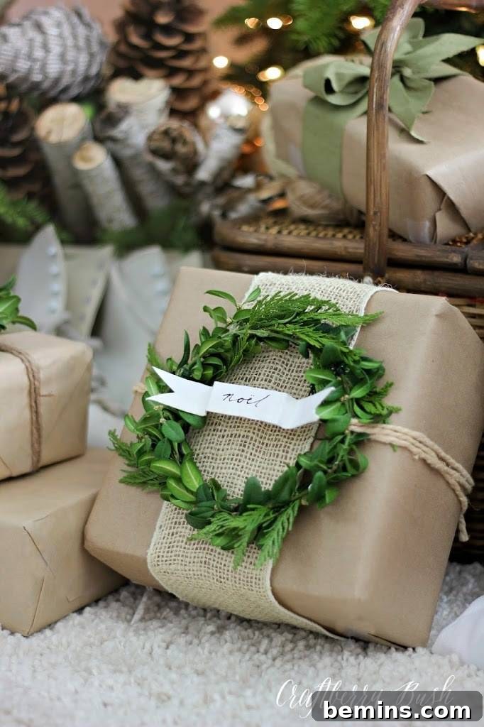 10 Distinctive Kraft Paper Gift Wrap Techniques 12 Brown kraft paper gift adorned with a miniature boxwood wreath and burlap ribbon