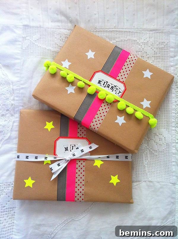 10 Distinctive Kraft Paper Gift Wrap Techniques 4 Vibrantly decorated brown kraft paper gift with colorful pom pom trim and washi tape