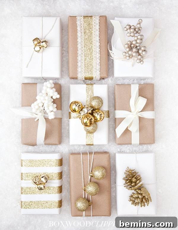 10 Distinctive Kraft Paper Gift Wrap Techniques 5 Neutral-toned kraft paper gift decorated with mini ornaments, ribbons, lace, and bells