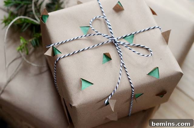 10 Distinctive Kraft Paper Gift Wrap Techniques 7 Layered kraft paper gift with v-shaped slits revealing green tissue paper underneath