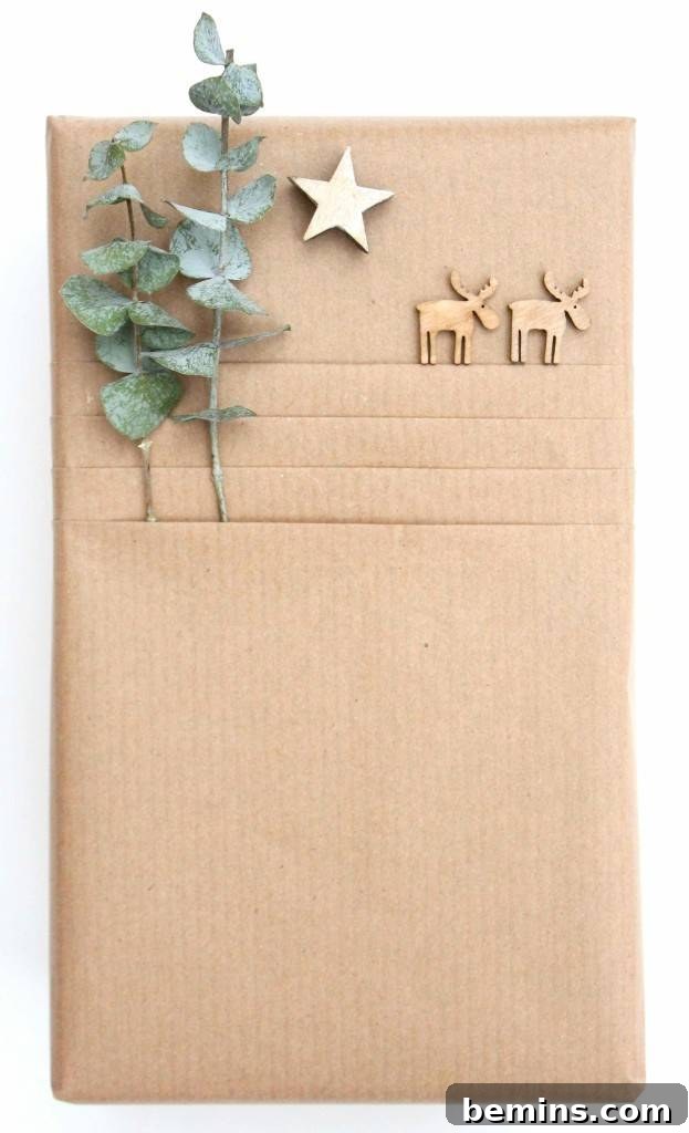 10 Distinctive Kraft Paper Gift Wrap Techniques 9 Brown kraft paper gift with folded pockets holding eucalyptus sprigs and moose figures