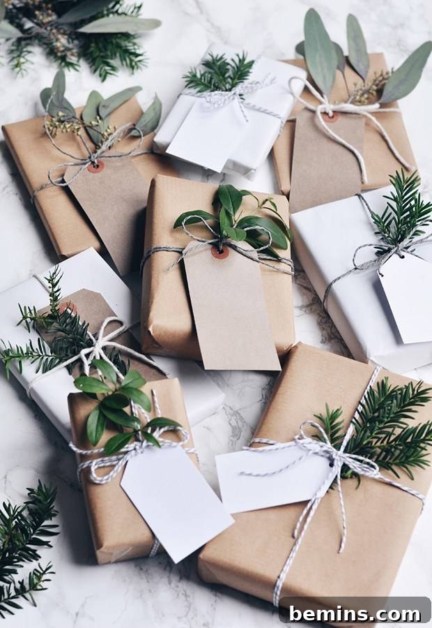 10 Distinctive Kraft Paper Gift Wrap Techniques 10 Brown kraft paper gift tied with twine and adorned with various branches, leaves, and herbs