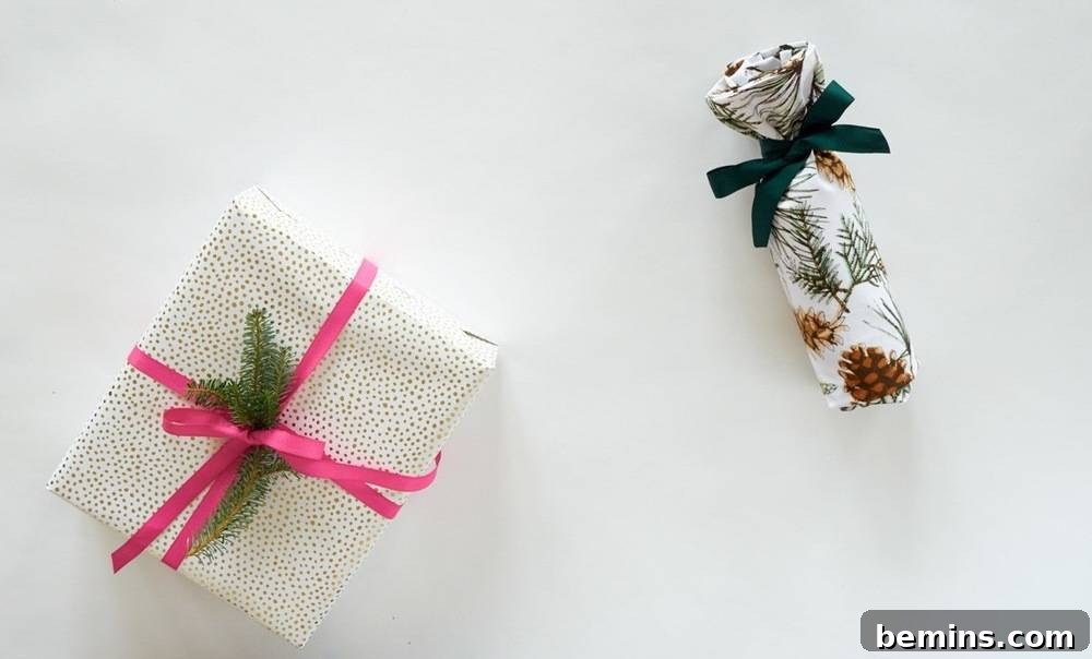 A White Surface Holds a White Package with Pink Threads and Another Wrapped Bottle-Shaped Package, Showcasing Gift Wrapping Ideas