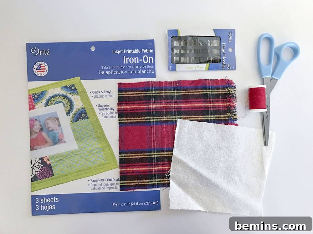 Materials for DIY Pet Christmas Ornament: Iron-on Fabric, Fabric, Needle, Thread, Scissors, Ribbon