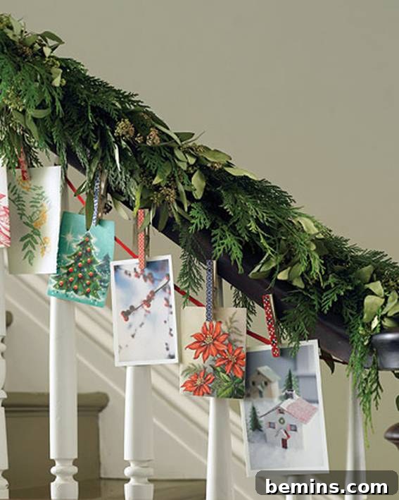 Christmas Card Garland on Stair Banister