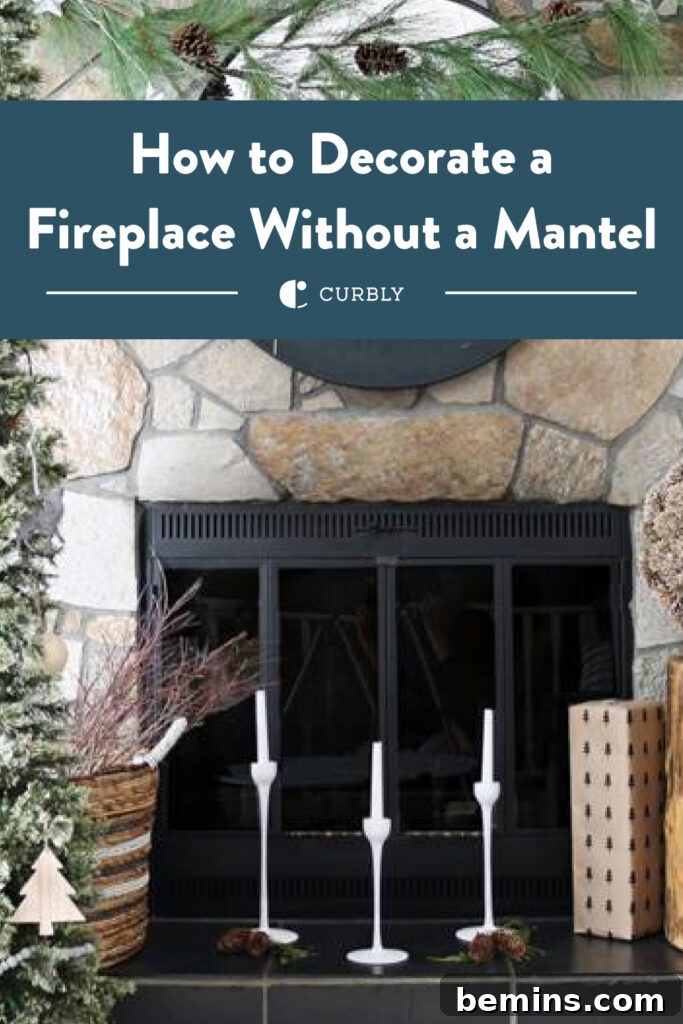 Beautifully decorated fireplace without a mantel, adorned with a festive garland.