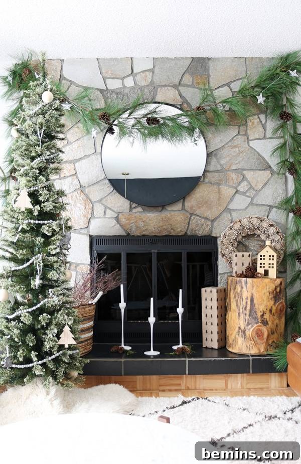 Turning on the lights and enjoying the beautifully decorated fireplace without a mantel.