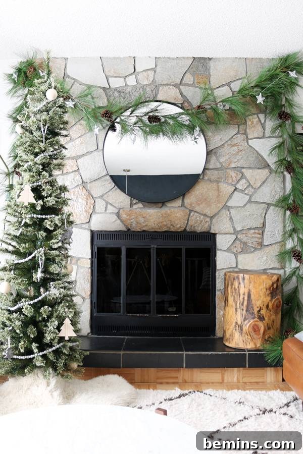 Positioning and trimming the Christmas tree near the fireplace, keeping decorations simple and natural.