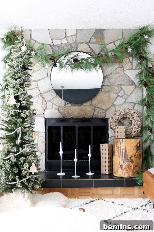 Adding wrapped gifts near the fireplace for a festive touch.