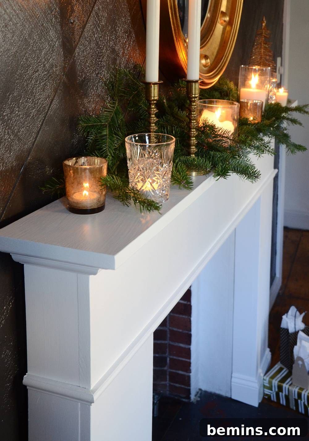 Crafting Your Own Fireplace Mantel 19 DIY wooden mantel used as a faux fireplace on a bare wall