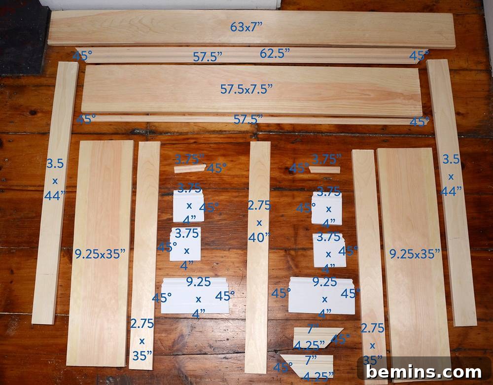 Crafting Your Own Fireplace Mantel 5 Pre-cut wood pieces with dimensions for DIY fireplace mantel