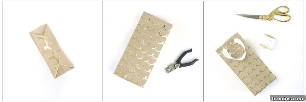 Wrapping Paper Wonders: DIY Gift Bags 6 Step 3: Finish the bottom, add ribbon handles, and admire your handiwork!