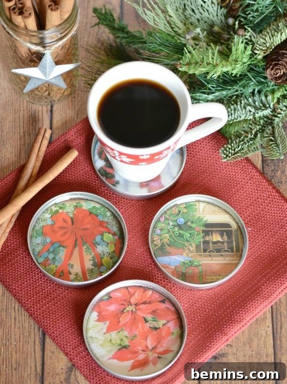 Thrift Store Christmas: Unique & Budget-Friendly Decor 11 Christmas Coasters Made from Mason Jar Lids and Christmas Cards