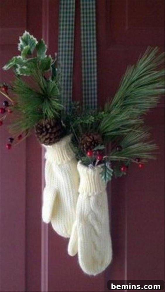 Thrift Store Christmas: Unique & Budget-Friendly Decor 3 Thrift Store Mittens Used as Christmas Door Decor