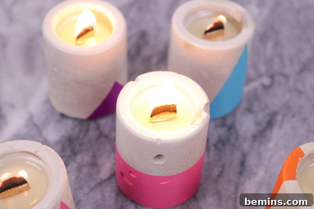 Final look of handcrafted concrete soy candles with wood wicks