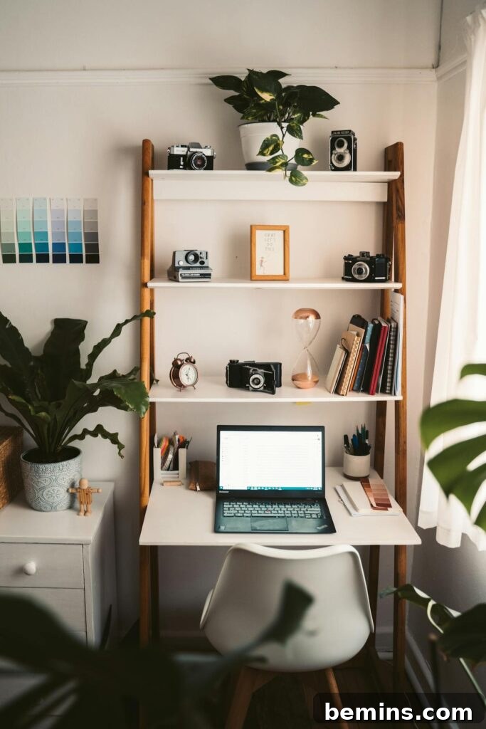 Workspace Bliss: Desk Organization Secrets 12 A stylish home office setup featuring a desk, plants, and vintage cameras, showcasing a personal and inspiring workspace.