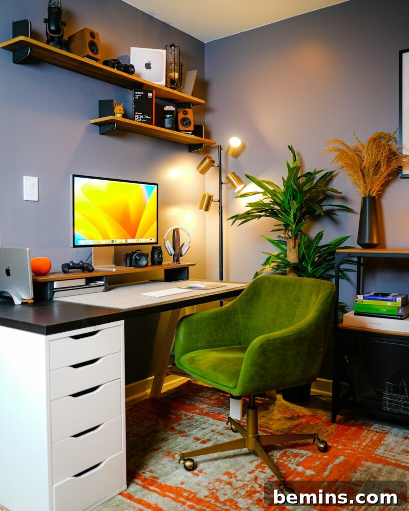 Workspace Bliss: Desk Organization Secrets 5 A bright and airy desk setup with a plant, a lamp, and a clean surface, creating a welcoming and productive work environment.