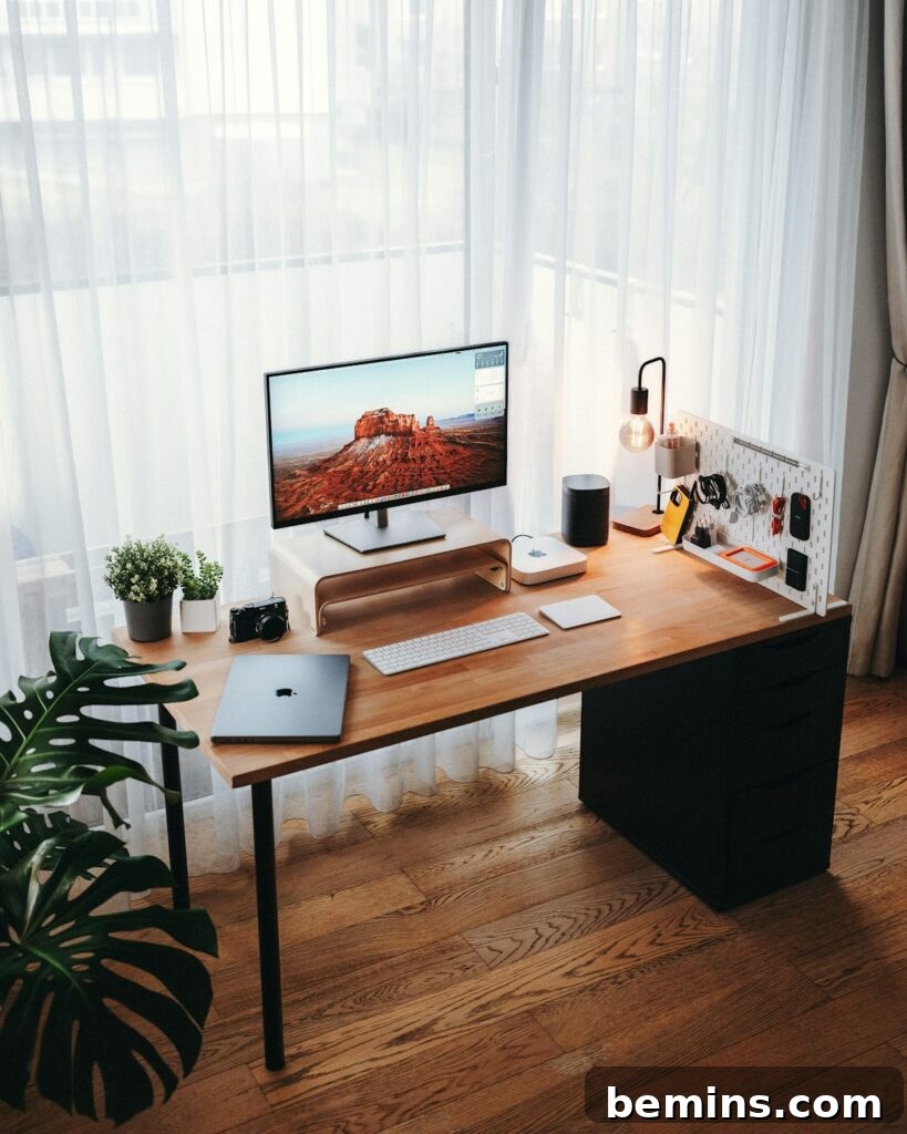 Workspace Bliss: Desk Organization Secrets 10 A well-organized desk with a laptop on a stand, creating an ergonomic and productive workspace.