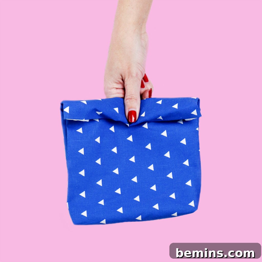 Fabric lunch bag on a pink background