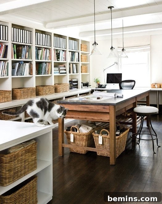 30 Impeccably Organized Studios for Creative Genius 2 Cozy, organized desk area with plants and natural light.