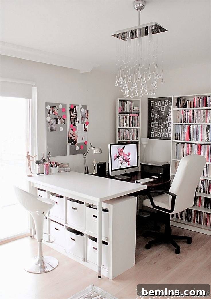30 Impeccably Organized Studios for Creative Genius 11 Home office with an IKEA storage shelf serving as a functional divider and storage unit.