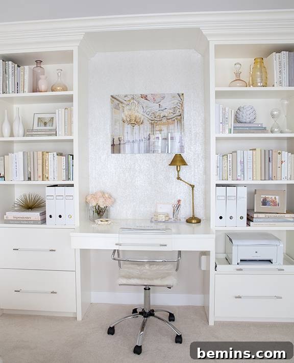 30 Impeccably Organized Studios for Creative Genius 13 Feminine cream-colored home office with drawers and magazine files.