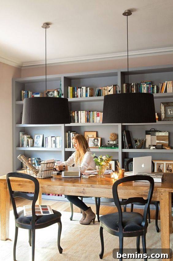 30 Impeccably Organized Studios for Creative Genius 14 Home office with wall-to-wall shelving for books and decor.