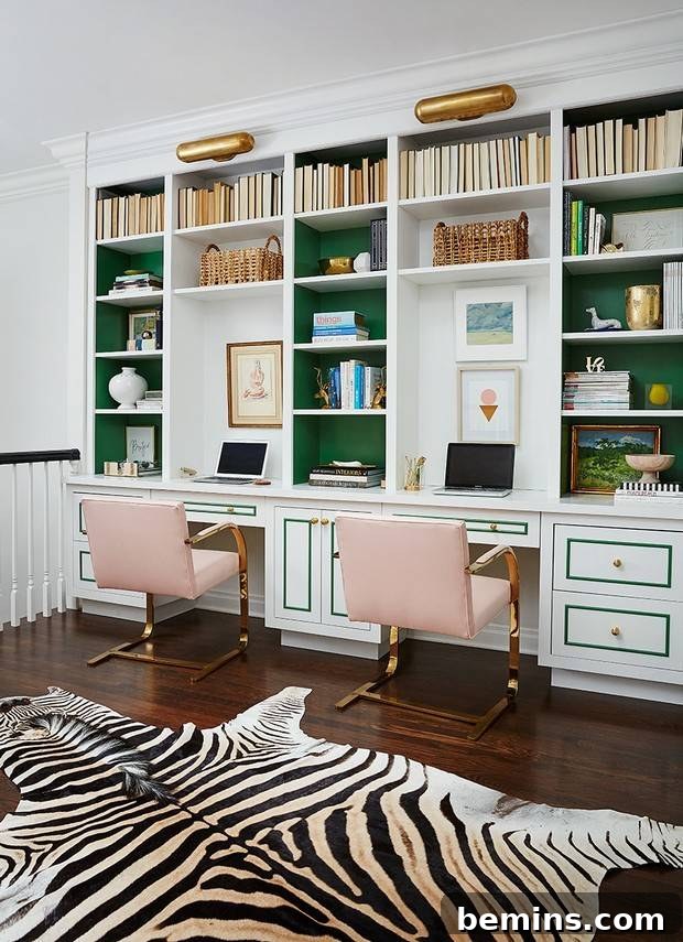 30 Impeccably Organized Studios for Creative Genius 15 Home office with green painted shelving, showcasing carefully arranged items.