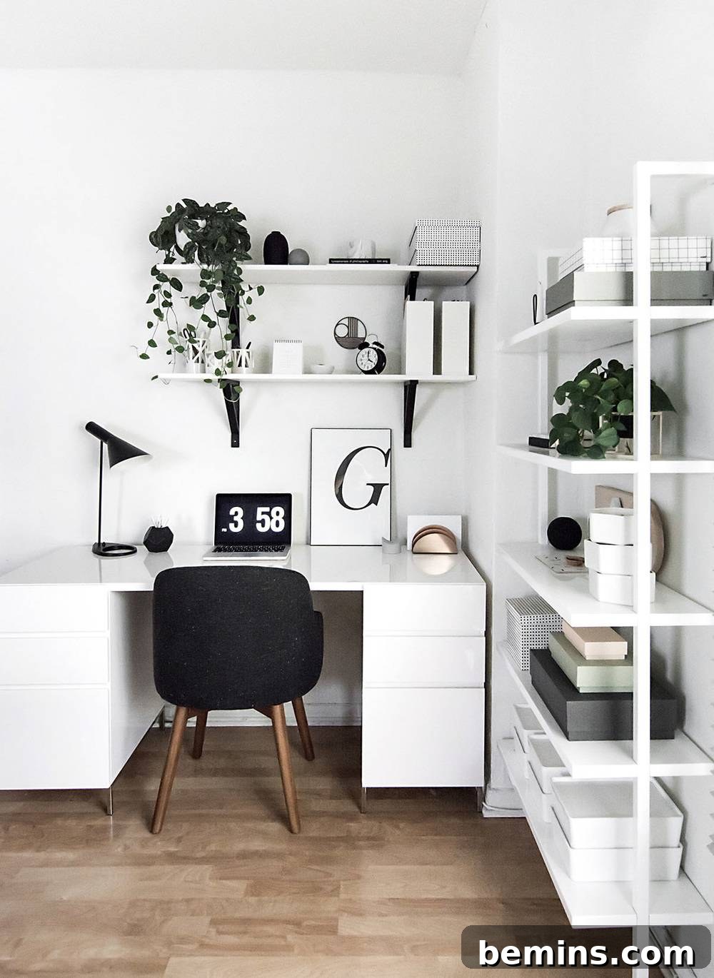 30 Impeccably Organized Studios for Creative Genius 16 Minimalist black and white home office with an orderly vibe.