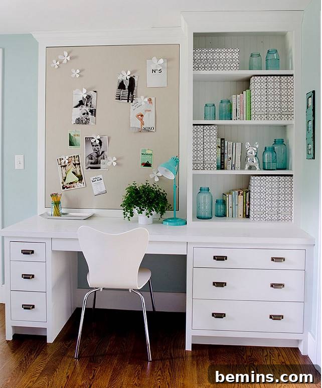 30 Impeccably Organized Studios for Creative Genius 19 Small home office nook with matching patterned storage boxes.
