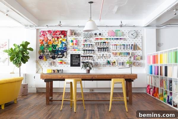 30 Impeccably Organized Studios for Creative Genius 3 Bright craft studio with white walls and colorful supplies neatly displayed.