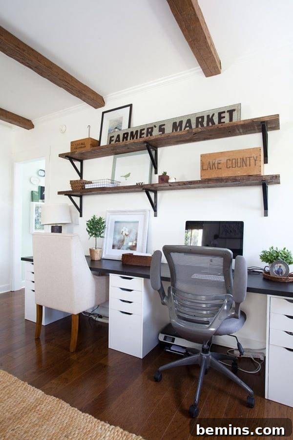 30 Impeccably Organized Studios for Creative Genius 21 Farmhouse-style organized desk area with rustic wooden shelves.