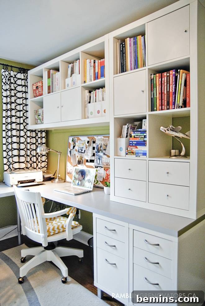 30 Impeccably Organized Studios for Creative Genius 24 Orderly desk with a mix of open shelves and closed storage drawers.