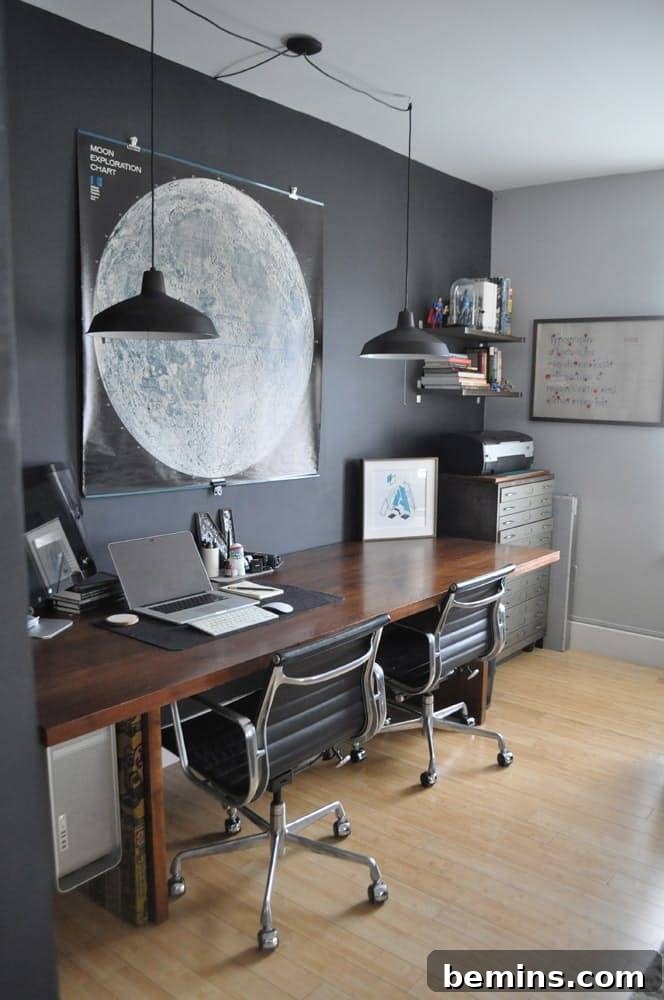 30 Impeccably Organized Studios for Creative Genius 26 Vintage modern home studio with a darker color scheme and organized items.