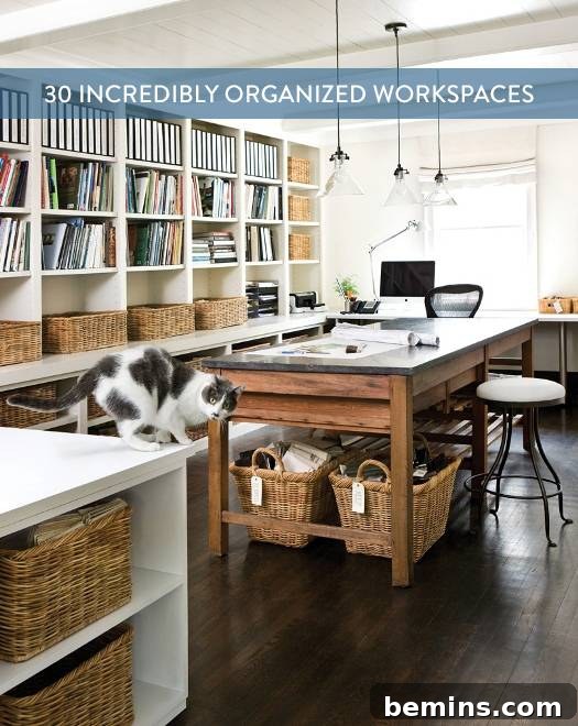30 Impeccably Organized Studios for Creative Genius 33 Neatly organized desk with a vintage typewriter and fresh flowers, perfect for pinning.