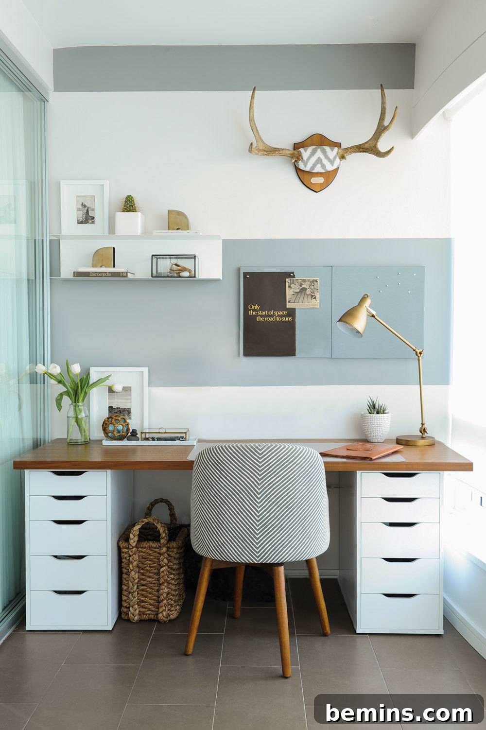 30 Impeccably Organized Studios for Creative Genius 9 Organized home workspace featuring closed drawers and a large wicker basket.