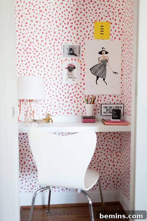 Tiny Home Office Idea: Bold Wallpaper Workspace