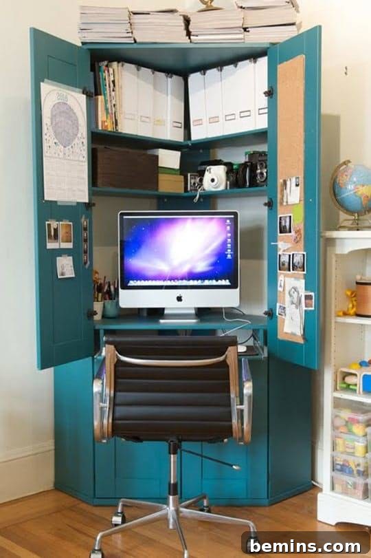 Tiny Home Office Idea: Corner Cabinet Office