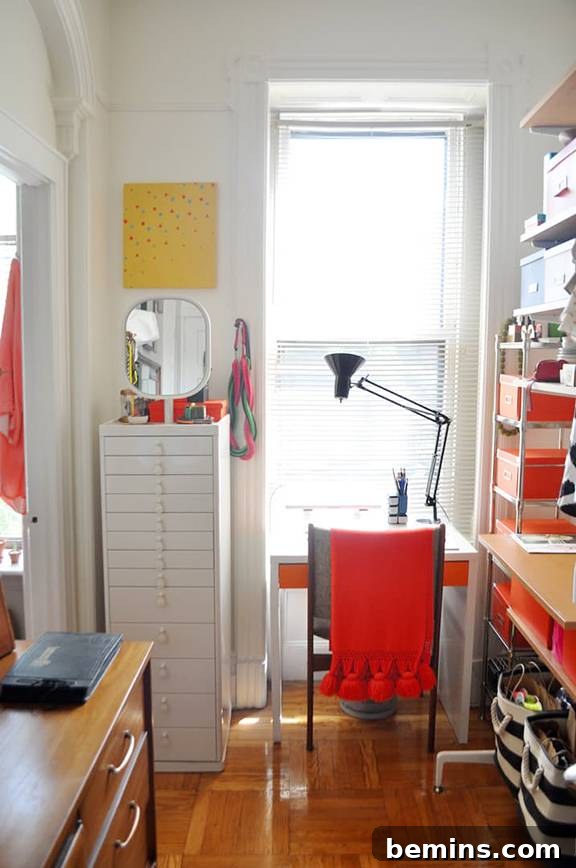 Tiny Home Office Idea: Workspace Between Storage Cabinets